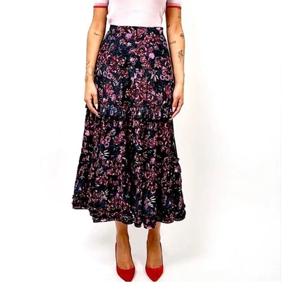 Falda midi floral medianoche ULLA JOHNSON Amalia con volantes en capas rosa azul marino talla 6 Foto 1 de 4