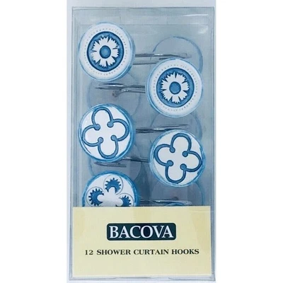 Juego de 12 ganchos de cortina de ducha de cerámica calcomanías de flores blancas azules NUEVO Foto 1 de 4