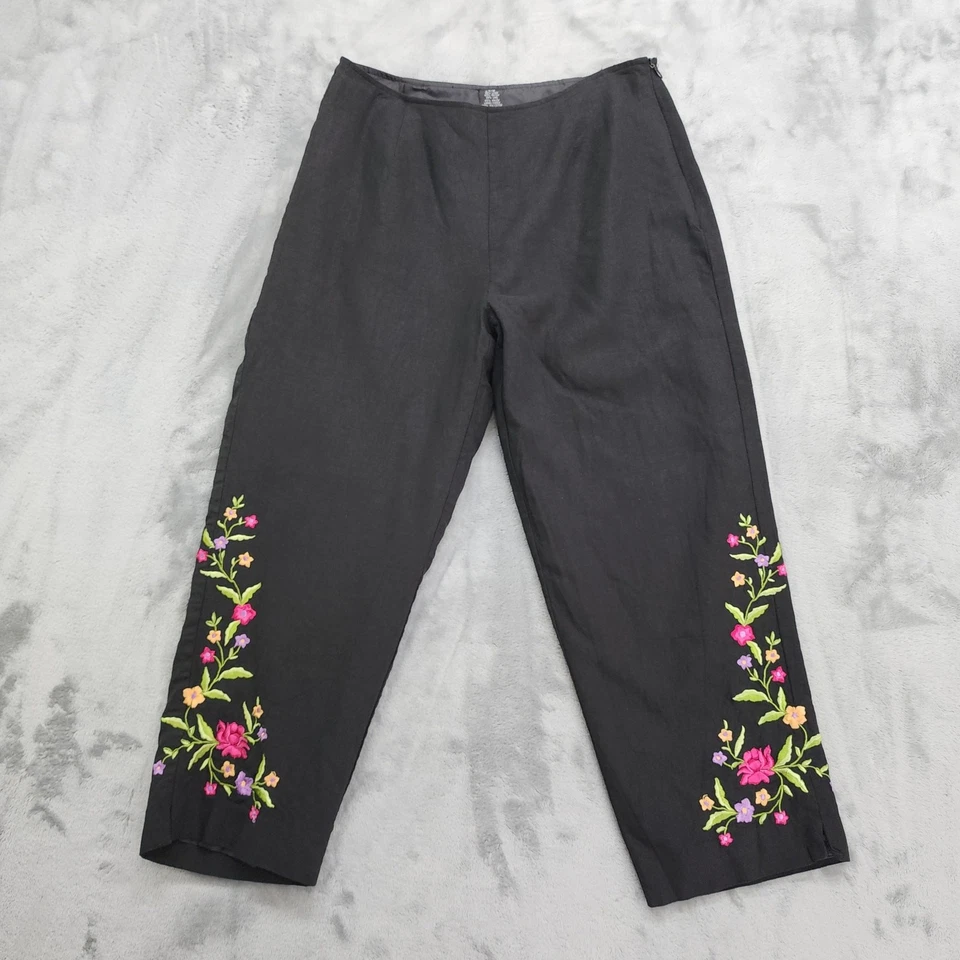 Pantalón Scarlett Vintage Mujer 7/8 Negro Floral Bordado Mezcla de Lino Forrado Corto Foto 1 de 4