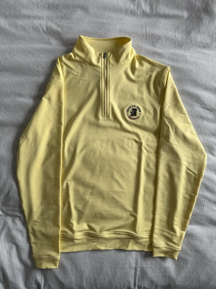 Pullover Peter Millar 2025 U.S. Open amarillo Perth melange rendimiento cuarto cremallera Foto 1 de 4
