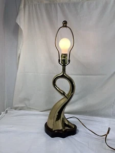 Vintage Frederick Cooper Brass Swan Mid Century Lamp Wood Base - Picture 1 of 20