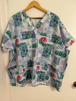 Handmade Blue & Pink Floral Women’s Plus Size 2X V-Neck Scrub Top-EUC - Image 1 of 4