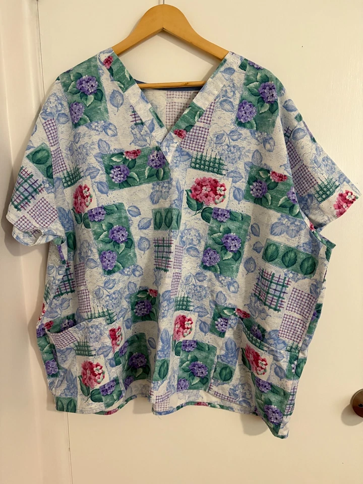 Handmade Blue & Pink Floral Women’s Plus Size 2X V-Neck Scrub Top-EUC - Image 1 of 4