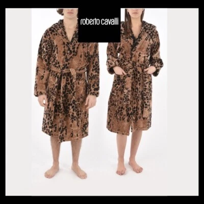 NUEVO Roberto Cavalli Lujo Algodón Albornoz Vestido Estampado Leopardo Capucha S/M Foto 1 de 4
