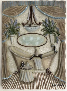Vintage Kate Millen McRostie Wall Art 3D Resin Plaque Bathroom Bathtub Signed - Picture 1 of 5