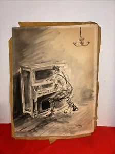 Original Drawing by B. Wells Man At Piano- 11-66- See All Pictures Estate Find - Picture 1 of 7