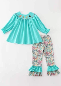 Girl's Boutique Teal Floral Print Forest Animal Embroidered Embroidery Baby Todd - Picture 1 of 14