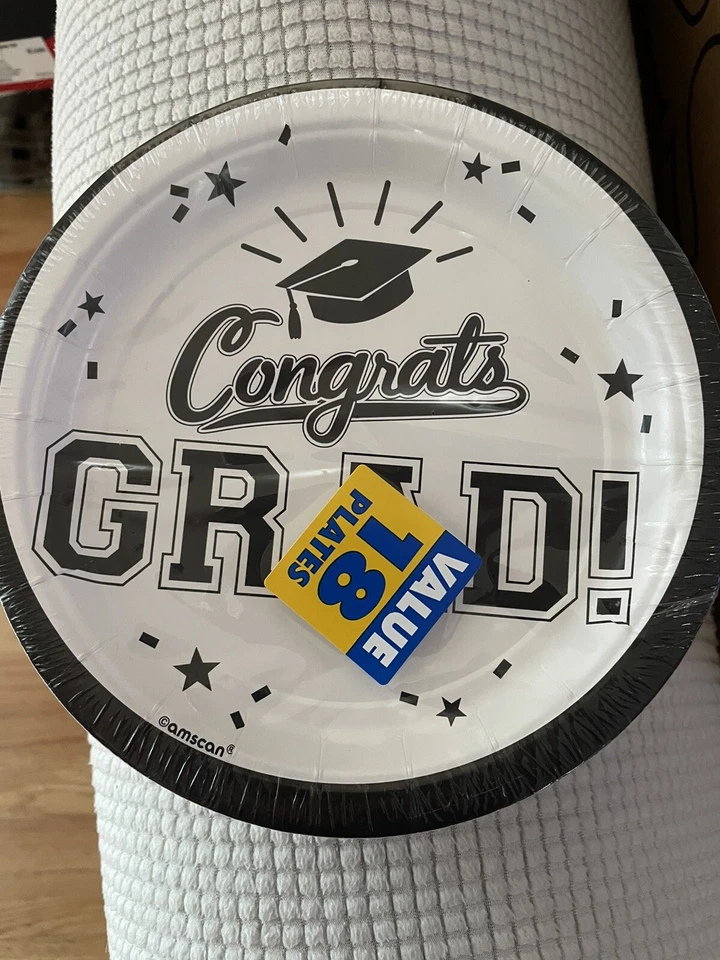 Graduation Party Small Plates 1 18 Pack White With Black Writing - Image 1 of 1