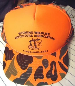 Vtg Wyoming Wildlife Camo Hat Blaze Orange Hunt Snapback Mesh Foam Rope Camo Cap - Picture 1 of 6
