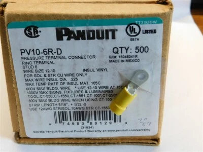 100 Panduit PV10-6R-D Ring Terminal 12-10AWG #6 Stud Size, Yellow Insulated - Image 1 of 2