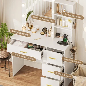 Vanity Desk Makeup Dressing Table LED Lighted Mirror 4 Drawers Power Outlet - Picture 1 of 14