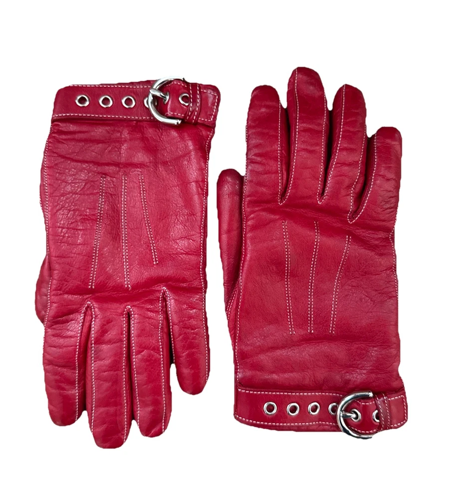 Guantes Coach Forrados de Cuero Rojo Cachemira Hebilla Soho Plateada De Colección Talla 6.5 Foto 1 de 4