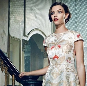 Nuevo con etiquetas Vestido Ted Baker Islaay Reino Unido 12 Crema Rubor Dorado Floral Exquisito con bolsillos - Imagen 1 de 12