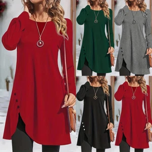 Women Round Neck Long Tops Shirt Solid Long Sleeve Casual Loose Pullover Blouse - Picture 1 of 21