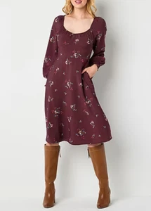 ANA Women's Size Large Dress Midi Floral Maroon Fall - Picture 1 of 11
