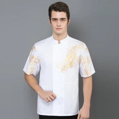Dragon Printed Stand Collar Long Sleeves Chef Uniform Clothes Coat Work Tunic - Image 1 of 4