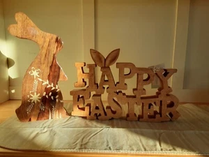 Wooden 8" Rabbit And 12" Happy Easter Sign-Table /Stand/Desk Decor - Picture 1 of 3