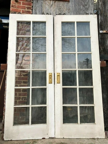 Pair 30x80’’ Antique 12-Pane Glass Interlocking Pocket Doors brass locking pulls Cover