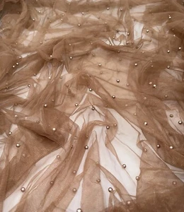 1 mtr copper pearl beaded tulle net bridal dress fabric..58” wide (147cm) - Picture 1 of 4