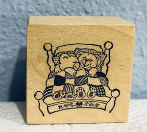 Osos de peluche durmiendo en la cama sello de goma montado en madera amor PSX NUEVO - Imagen 1 de 2