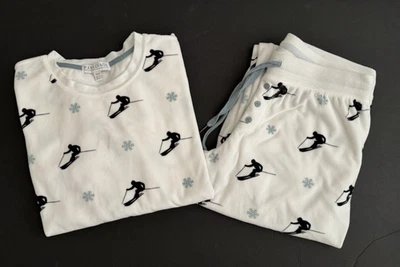 PJ Salvage Pajama Set Small White Black Snow Skiers Blue Snowflakes Winter NWOT - Image 1 of 4