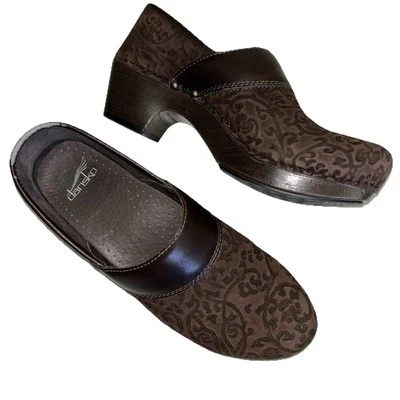 Dansko Mujer EU39 US 8.5-9 Prima Floral Gamuza Marrón Cuero Zuecos Zapatos Cuña Foto 1 de 4