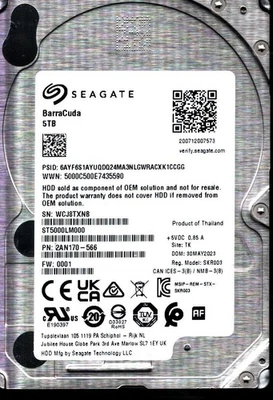 ST5000LM000 P/N: 2AN170-566 F/W: 0001 S/N: WCJ8 TK 5TB MAY 2023 THAILAND SEAGATE - Image 1 of 2