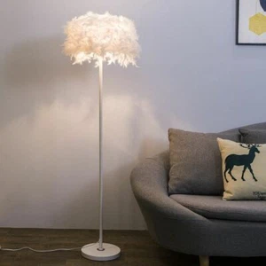 Romanticism Standing Floor Lamp Feather Drum Shade Plug-in Floor Light Bedroom  - Picture 1 of 12