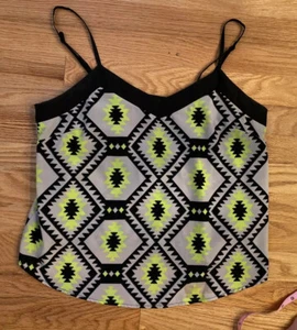 Must Have Woman’s Tank Top Gray Black Sleeveless Fluorescent Green Geometric EUC - Picture 1 of 8
