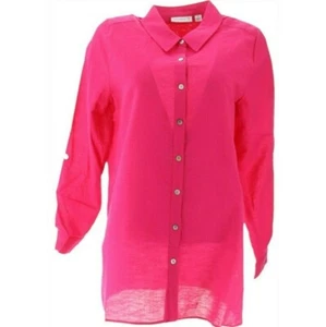 Susan Graver 52 $ Leinenmischung Knopfleiste Langarmshirt Karneval Pink - Größe 8 - Bild 1 von 4