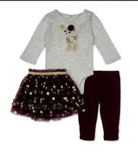 0-3 months Baby Girls Long Sleeve Bodysuit Tutu Skirt Leggings 3-Piece Outfit - Picture 1 of 4
