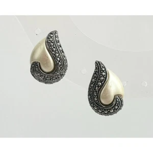 Vintage Teardrop Shaped Marcasite Adorned Art Deco Stud Earrings - Imagen 1 de 4