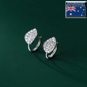 Woman REAL S925 Sterling Silver Starry CZ Leaf Earring Clip Huggie Hoop - Picture 1 of 8