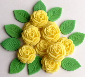 12 Yellow Roses & Leaves Flowers Edible Cake Topper Sugarcraft Wedding Cupcake