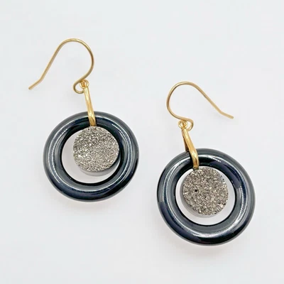 "Pendientes de oro 14k druzy hemitato negro ónix gancho colgante 1,5"" firmado por JCM" Foto 1 de 4