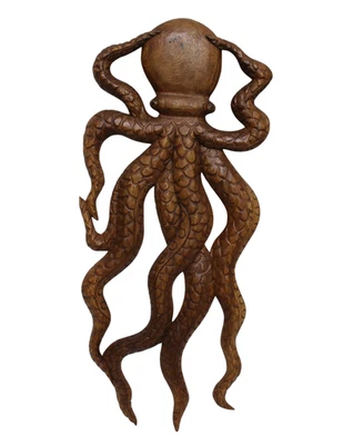 Hermosa estatua náutica de teca esculpida en pared tallada a mano de pulpo arte tropical Foto 1 de 3