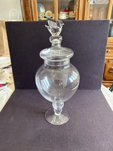 VTG Tall Clear Hand Blown Glass Apothecary Candy Jar Pedestal Bird Knob Lid 15” - Picture 1 of 5