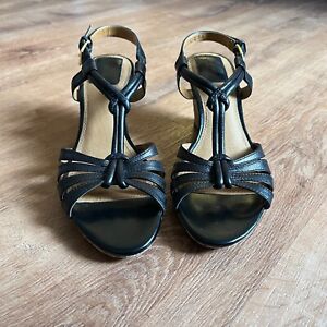 Clarks Wedge Heel Strappy Sandals Women's 8N Black Leather Cork Sole