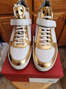 Salvatore Ferragamo Nayon High Top Sneaker White/Gold Men's size 13 EE