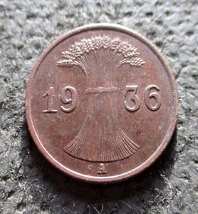 OLD COIN OF THIRD REICH NAZI GERMANY 1 REICHSPFENNIG 1936 A BERLIN WEATSHEAF - Picture 1 of 2