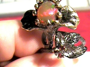 STERLING 925 SILVER black opal Artisanal RING 8 art designer cabochon floral WOW - Picture 1 of 7