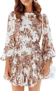NEW Casual Mini Dress Floral Crew Neck Waist Tie Ruffle Hem S - Picture 1 of 4