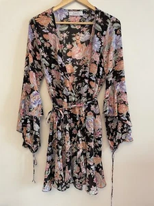 Auguste Ladies Dress Size 10 Black Floral Wrap Lightweight Ruffle Tassels V-neck - Picture 1 of 14