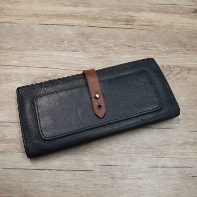 J. Crew Vintage Genuine Leather Bifold Clutch Wallet RN77388 Black/Tan 7.5"x4" - Image 1 of 4