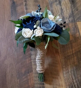 Navy Dusty Blue Bridesmaid Decor Bouquet  Thistle Sola Wood Wedding Flower Girl - Picture 1 of 1