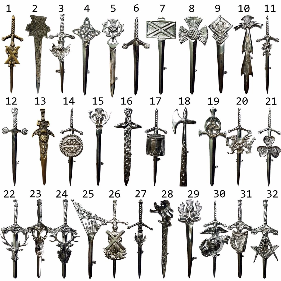HW Chardon Kilt Pins Différent Design Argent Finition 4 "/ Broche Kilt Celtique