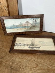 Vintage Pair of Small Oriental Pictures Watercolours River Boats Chinese Art - Picture 1 of 10