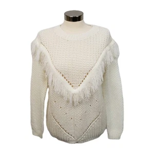 Maglione donna bianco panna uncinetto maglia a rete boho frange oversize SM - Foto 1 di 7