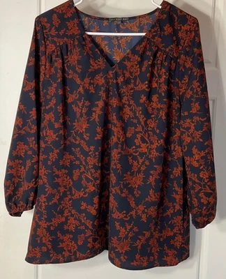 West Kei Azul Marino Naranja Cuello en V Manga 3/4 Estampado Floral Amplio Pull On Top L Foto 1 de 4