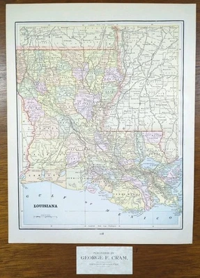Vintage 1892 LOUISIANA Mapa 14"x10" Antigo Original SHREVEPORT METAIRIE LA - Imagem 1 de 4